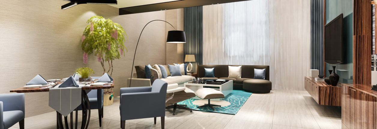 3d rendering modern dining room and living room with luxury decor